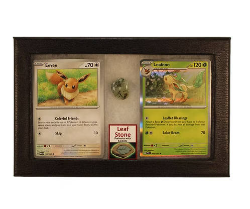 Two trading cards featuring Eevee and Leafeon in a display case with a coin and card holder.