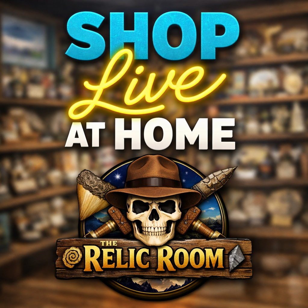 Promotional graphic for 'The Relic Room' with a skull wearing a hat and crossed swords, set against a blurred store interior.