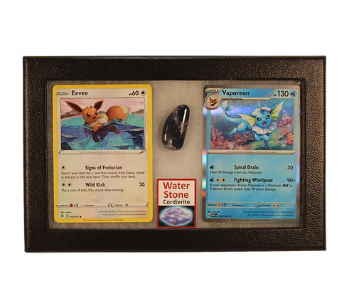 Two trading cards in a display case with a stone and card holder.